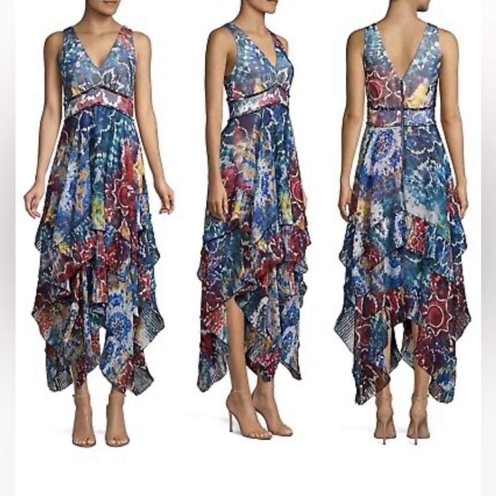 Alice + Olivia Ilia Tie Dye Floral V-neck Handkerchief Maxi Dress